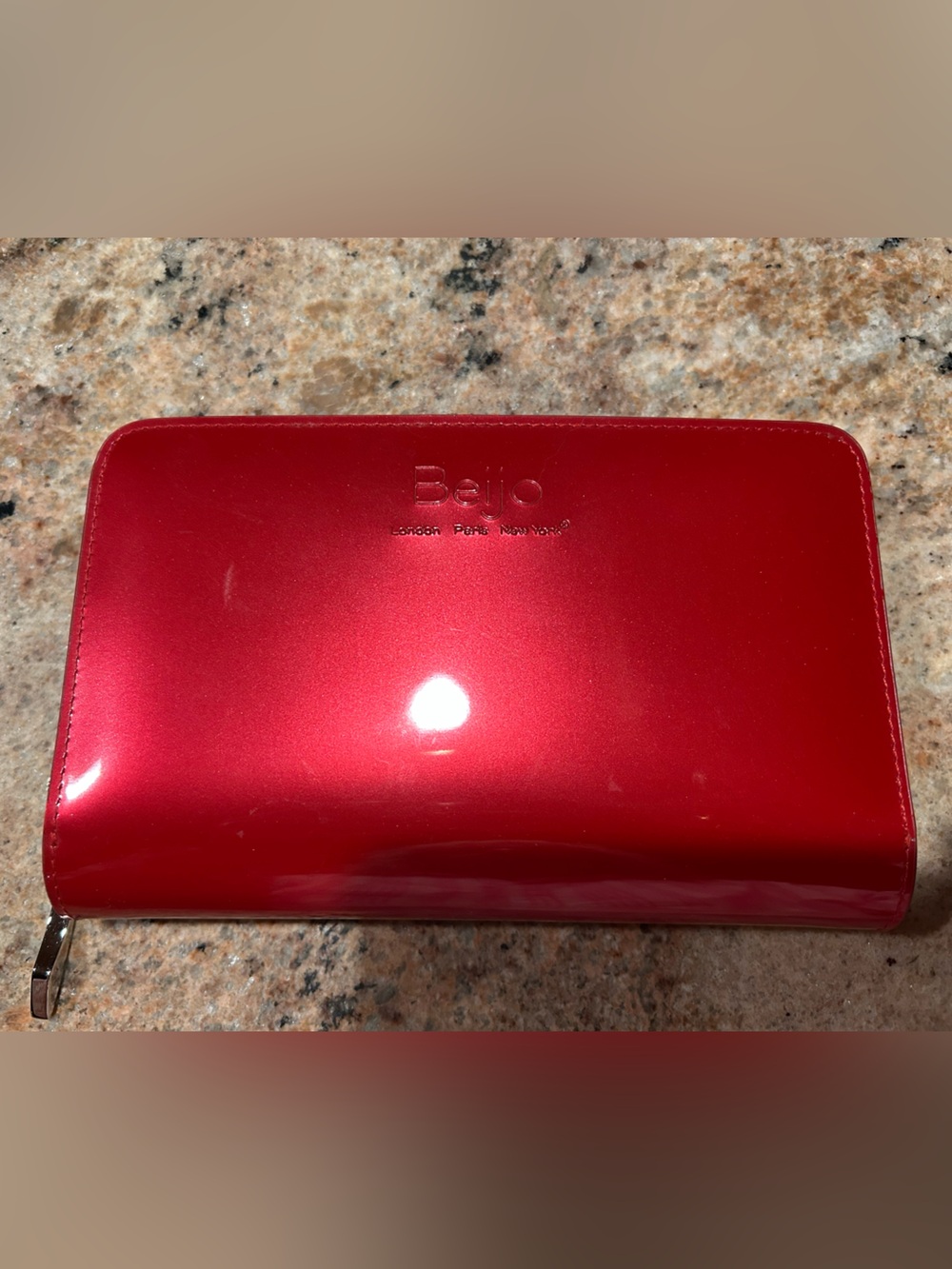 Beijo London Paris New York 8”Lx5”W Deep Red Patent Zip-Around Crossbody 24”drop